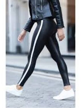 Spanx Faux Leather Side Stripe Leggings in black and white, XS